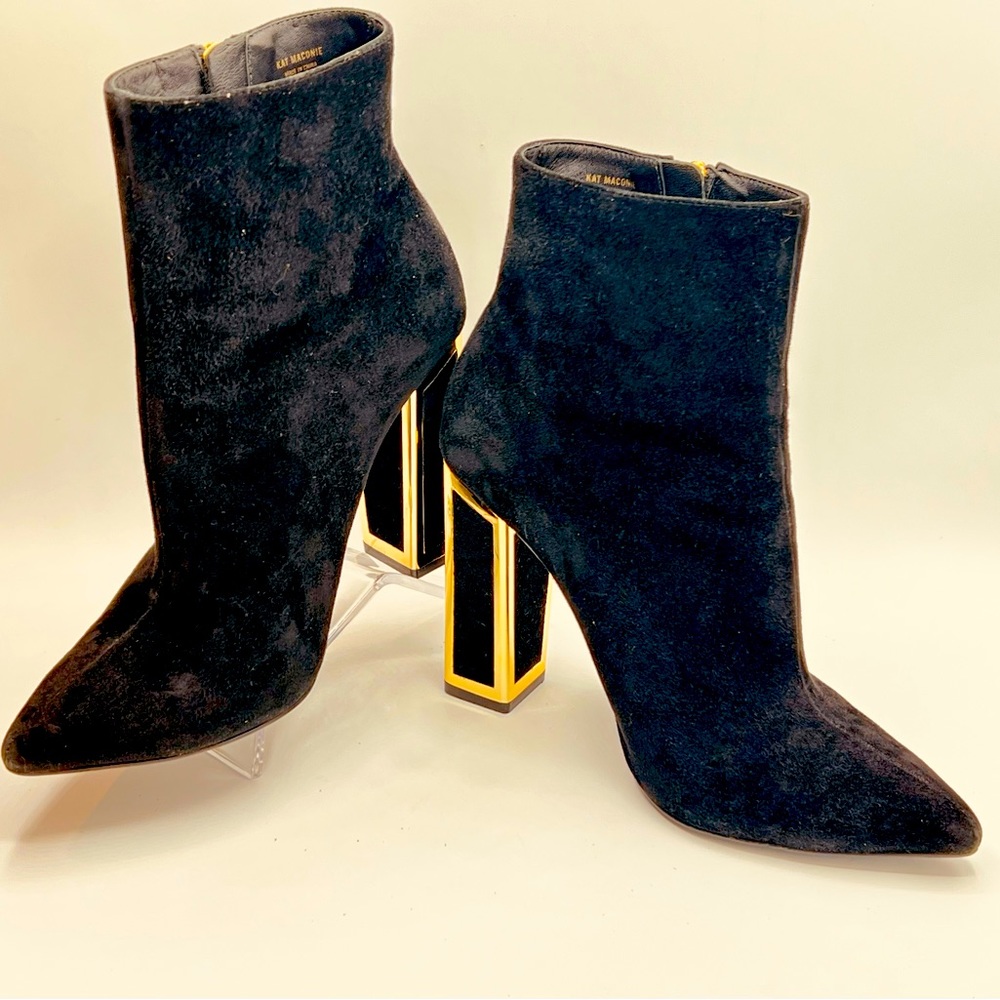 KAT MACONIE Black Suede Boots  With Funky Gold Accent On 4”Heels US6 EU37 - Picture 6 of 12
